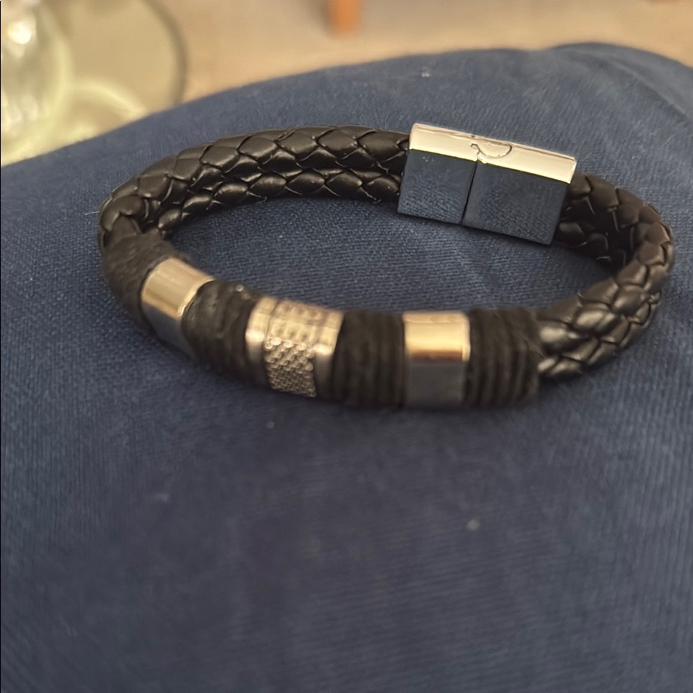 Black Braided Faux Leather Men’s Bracelet with Silver Accents